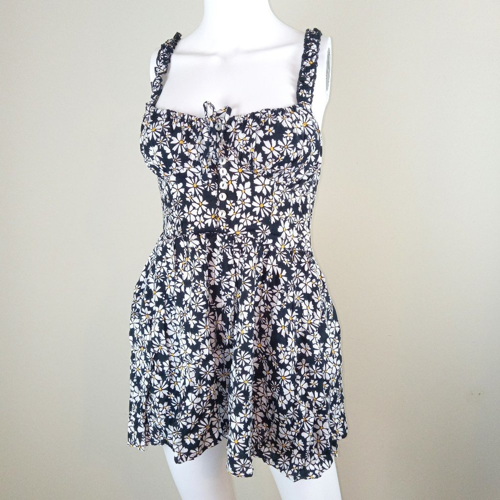 Urban Outfitters Women's Romper Size Small Black Floral Print Smocked Back
